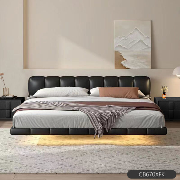 Leather bed with LED light Italian minimalist suspension bed black tofu block master bedroom puff bed soft double bed - Image 7