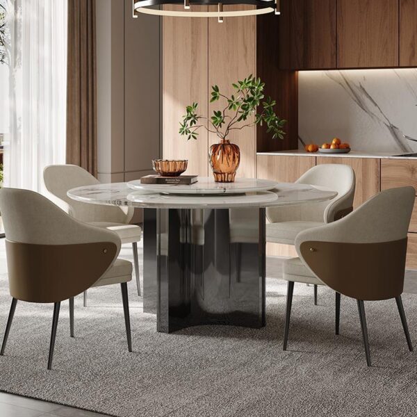 Luxury white platinum diamond natural marble dining table and chair set villa club light luxury large round table imported high grade dinner table - Image 4
